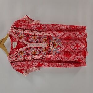 Savanna Jane Top Size Large Red Embroidered Short Sleeve Long Blouse